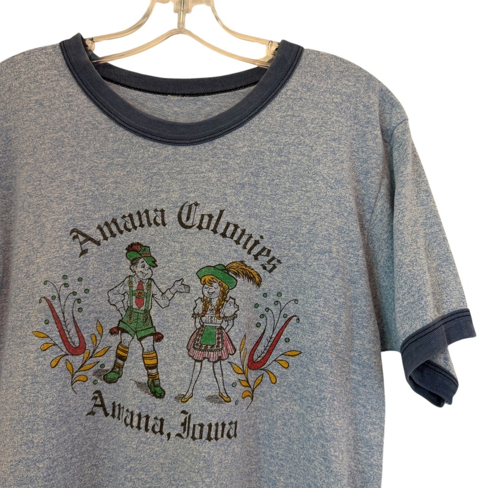 VTG Amana Colonies Iowa Graphic Ringer T Shirt Small Blue Tee Oktoberfest German
